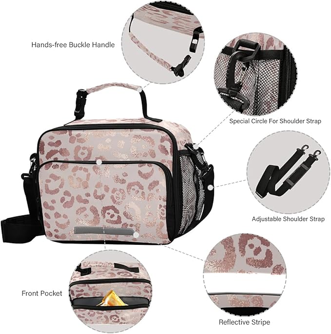 MNSRUU Student Lunch Bag Elegant Rose Gold Leopard Insulated Lunch Totes Picnic Bag Lunch Box with Adjustable Shoulder Strap for Teen Kids Adults
