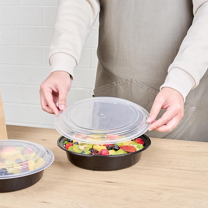 Restaurantware Asporto 48 Ounce To Go Boxes 100 Microwavable Take Out Food Containers - Clear Plastic Lids Included Do Not Contain BPA Black Plastic Catering Food Containers Disposable Round