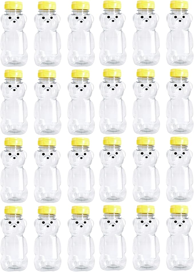 24 Pack of 8 Ounce Honey Bears with Sealable Yellow Flip Top Lids (8 oz. Bear, 24pk, Yellow)