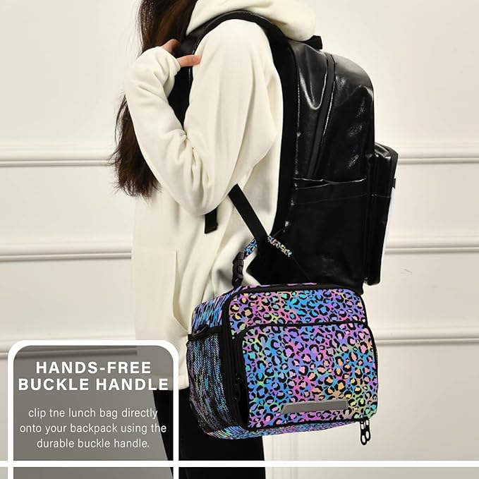 MNSRUU Student Lunch Bag Rainbow Leopard Insulated Lunch Totes Picnic Bag Lunch Box with Adjustable Shoulder Strap for Teen Kids Adults