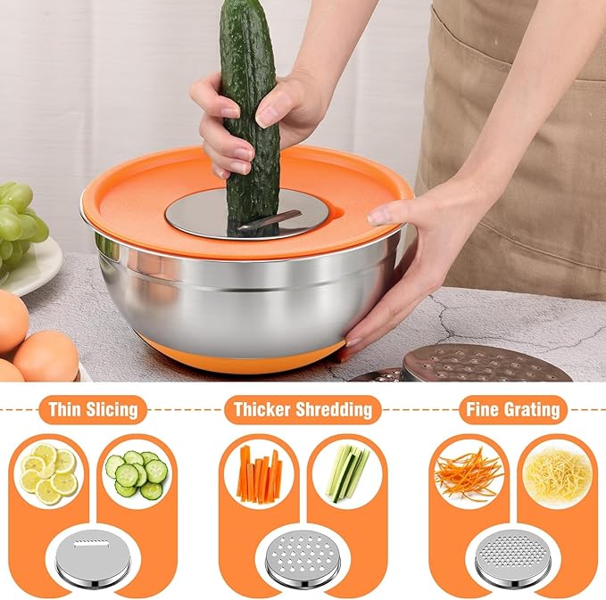 Sentk Mixing Bowls with Lids Set, 21 PCS Stainless Steel Mixing Bowls with 3 Grater Attachments, Food Storage Nesting Mixing Bowl with Non-Slip Bottoms, Mixing Bowl Set Great for Mixing & Serving