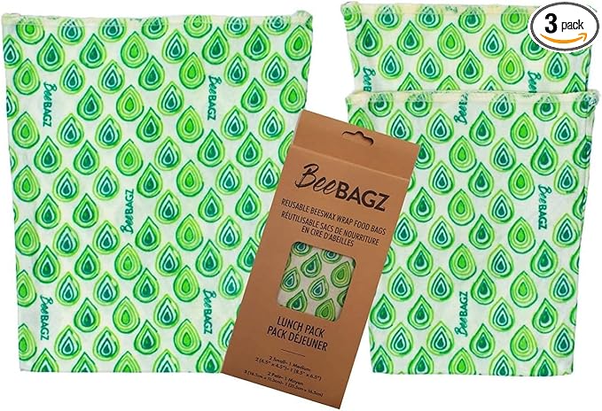 Beeswax Wrap Storage Bag by BeeBAGZ | Reusable Food Storage Bags, Pack of 3, Plastic Free Biodegradable Food Wrap Alternative, Lunch Pack, 2 Small + 1 Medium, (Green)