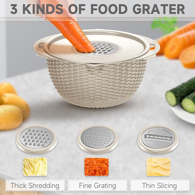 4-1 Colander with Bowl Set - Rotatable Colander Bowl with Measuring Spoons - Fruit Strainer Bowl, Food Strainers and Colanders Funny Presents for Women, Aesthetic Kitchen Gadget Essentials - Beige