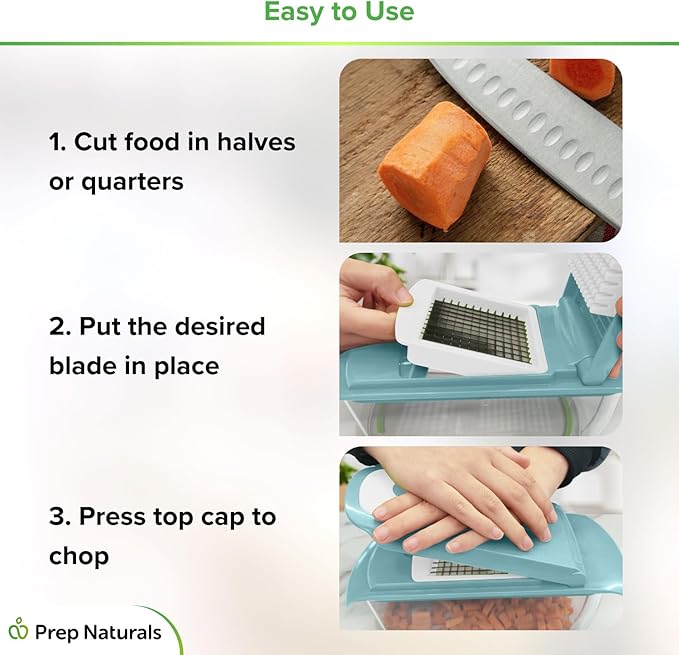 PrepNaturals Vegetable Chopper with Container, Food Chopper with Container - Mandoline Slicer for Kitchen (4 in 1, Blue/White)