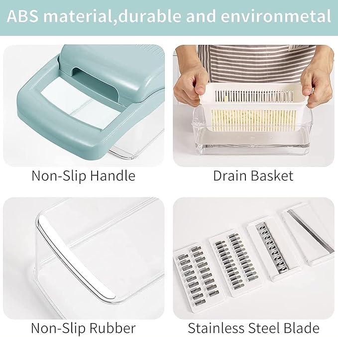 Vegetable Chopper, Onion Chopper, Mandolin Slicer,Pro 10 in 1professional food multifunctional Vegetable Chopper and Slicer, Dicing Machine, AdjustableVegetable Cutter Container (Blue>White Mix)