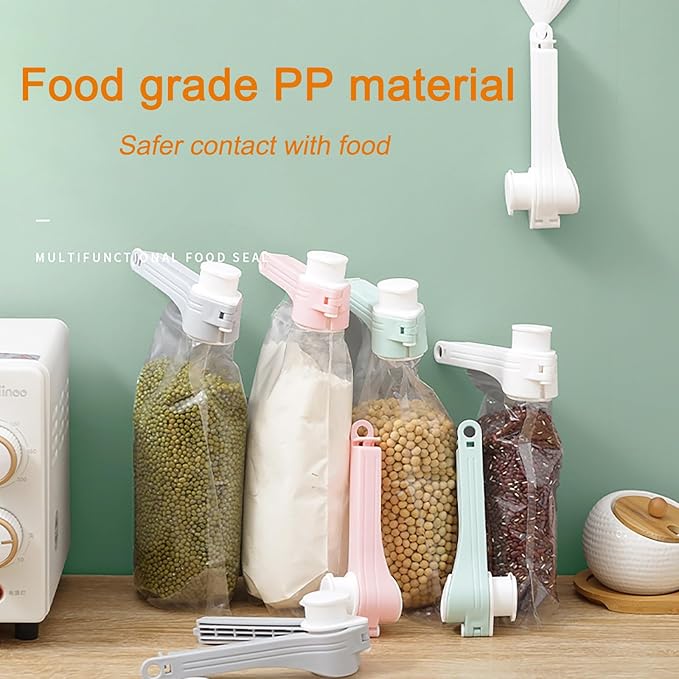 4pcs Bag Spout Clip,for Food,Snack Sealing Clips with Pour Spouts,Kitchen Chip Bag with Adhesive Hooks, for Cereal Kitchen Food Storage Organizer Kit-4 Color