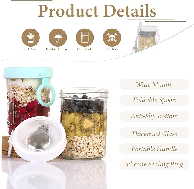 Overnight Oats Containers with Lids and Spoons - Glass Cups for Yogurt, Milk, Cereal, Pudding, Parfait, Oatmeal, Juice, Airtight Glass Canisters, 12 oz Mason Jars, Set of 6
