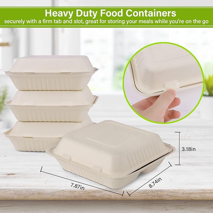 Greensight Compostable Take Out Container 8x8, Disposable To Go Food Boxes With 3 Compartments, Biodegradable Clamshell Container, Eco-Friendly Made From Sugarcane Fibers