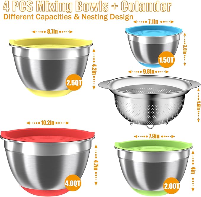 Mixing Bowls with Airtight Lids Set, 4 Stainless Steel Bowls Nesting Bowls & Colander, Kitchen Organizers and Storage Non-Slip Bottom, Size 1.5/2.0/2.5/4.0QT, Great for Mixing & Serving, Multicolor