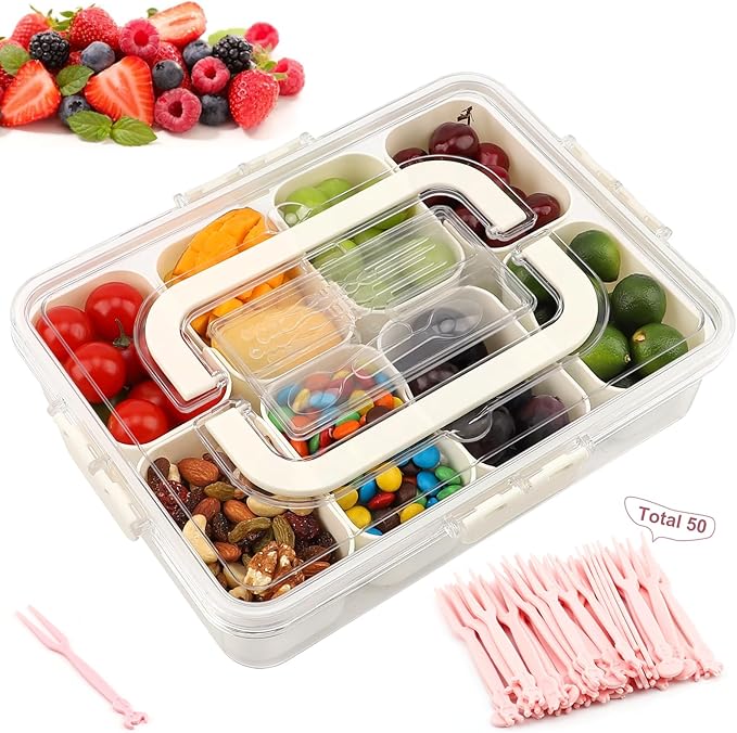 Divided Serving Tray with Lid and Handle, Portable Snackle Box with 8 Compartments & 8 Fruit Forks & 2 Spoons, Charcuterie Container for Party, Entertaining, Picnic, 1 Pack