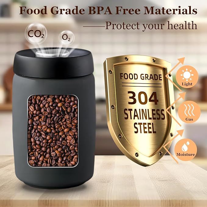 Coffee Vacuum Canister | 16oz Coffee Bean Storage | Stainless Steel Airtight Food Storage Container | Press Out Excess Air Preserve Food Freshness | Perfect for Coffee Beans,Loose Tea, Grey