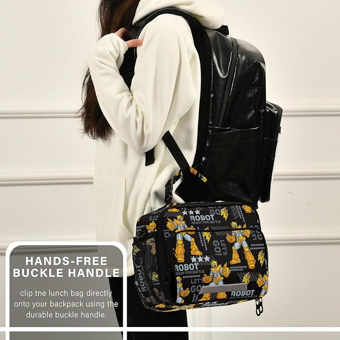Pfrewn Yellow Robots Lunch Box Kids School Students Insulated Lunch Bag with Shoulder Strap for Office Adults Reusable Cooler Bags Lunch Tote