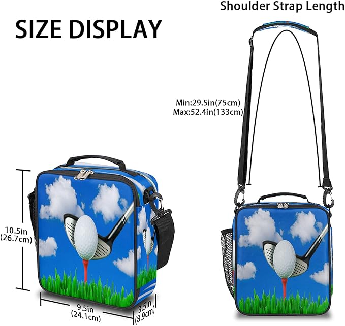 Kids Lunch Box Golf Ball Print Insulated Lunch Bag Tote for Girls Boys, Cooler Freezable Meal Prep Bag with Shoulder Strap Waterproof Lunch Container for School Office Picnic