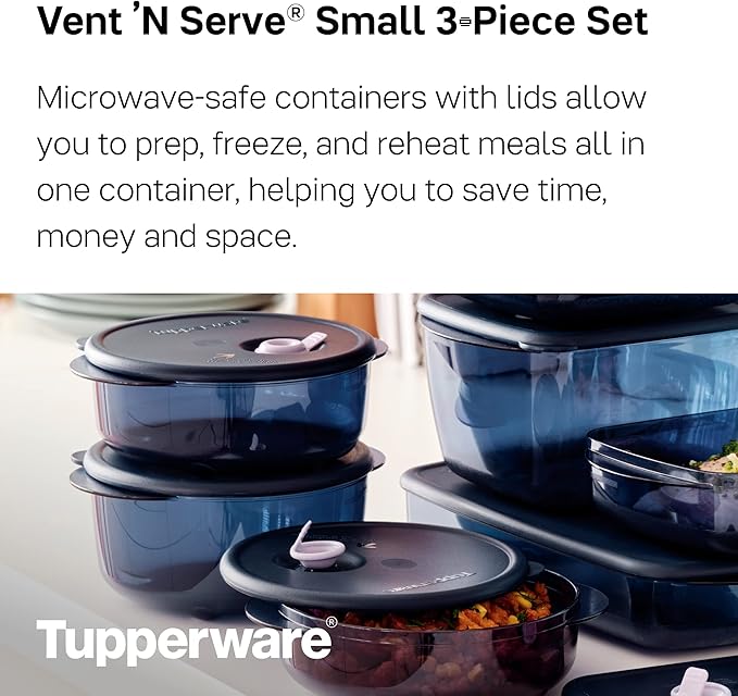 Tupperware Brand Vent ‘N Serve Container Set - 3 Small Round Containers to Prep, Freeze & Reheat Meals + Lids - Dishwasher, Microwave & Freezer Safe - BPA Free