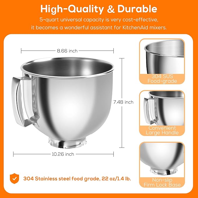 5 QT Food-Grade Stainless Steel Mixer Bowl for KITCHENAID TILT-HEAD STAND MIXERS 4.5-Quart (4.3 L) & 5-Quart (4.7 L), Dishwasher Safe Replacement Mixing Bowl with Splash-proof Cover & Anti-slip Handle
