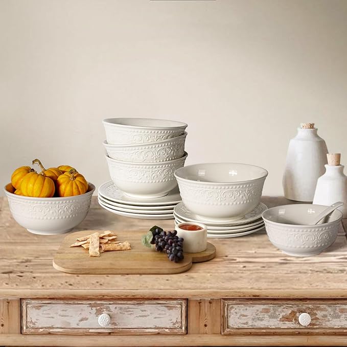 Large Salad Bowls Set of 4, 60oz White Serving Bowls Deep Deep Embossed Ceramic Mixing Bowl for Soup Kitchen, Eating, Ramen, Pasta, Dishwasher & Microwave Safe 8 inch (Brocade Flower)