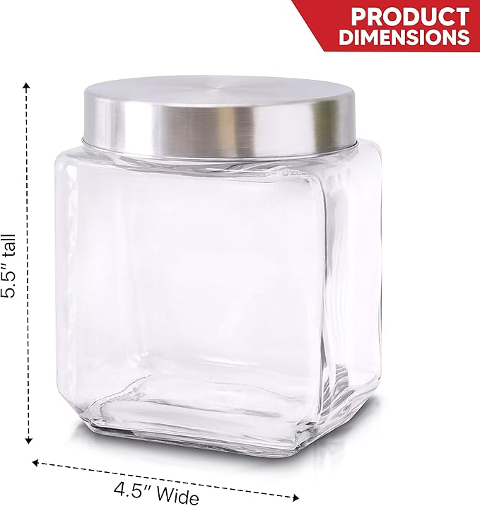Food Storage Containers – Set of 3 Glass Jars with Stainless Steel Lids – Square Glass Containers for Coffee, Spices, Beans and Food – Reinforced Lid for Secure Closure – 40oz