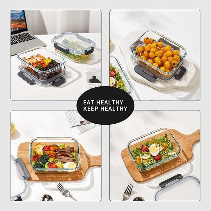 10 Pack Glass Meal Prep Containers, Glass Food Storage Containers with Lids, Reusable Airtight Leakproof Glass Lunch Bento Boxes Freezer, Microwave Oven and Dishwasher, Gray