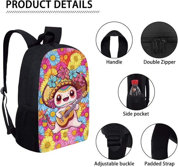 Dolyues Colorful Flower Axolotl Girls' Cute Backpack Set with Insulated Lunch Box & Pencil Case - Perfect for Kindergarten, Elementary & Middle School