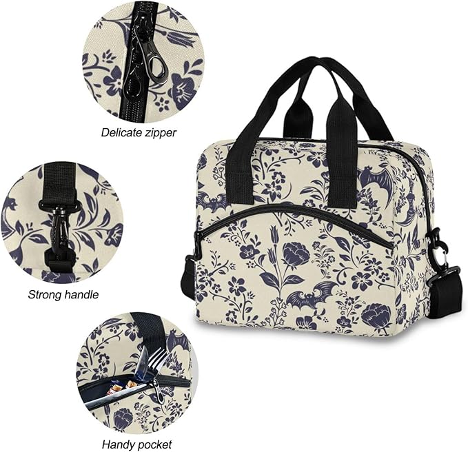 Goth Bat Insulated Lunch Bag Reusable Lunch Tote Bag Cooler Bag for Women Men Adult Lunch Box with Adjustable Shoulder Strap Leakproof Lunch Bag for Work Picnic Camping