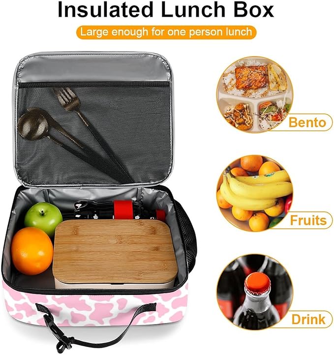 Pink Cow Print Reusable Lunch Box Insulated Lunch Bag Cooler Bag Lunchbox Meal Food Container Tote Bag for Women Kids Girls School Camping Hiking Picnic Beach Travel