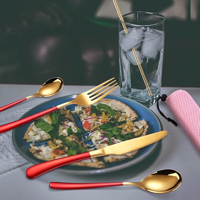 AARAINBOW 6 Pieces Stainless Steel Flatware Set Portable Reusable Cutlery Set Travel Utensils Set Including Chopsticks Knife Fork Spoon Straws Cleaning Brush Dishwasher Safe (7 Red Golden)
