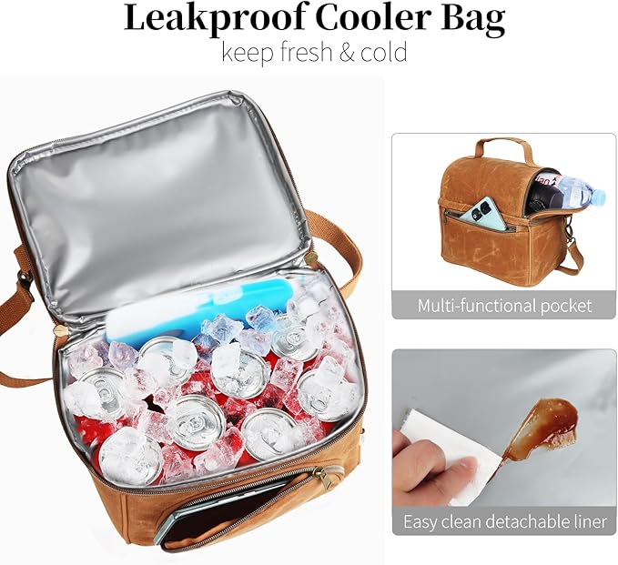Lunch Box For Men with 2 XL icepacks Sturdy Waxed Canvas Lunch Bag for Men, Soft Cooler Bag for Construction Sites,Work,Picnic and Hiking12-Can(10.5L) 10"x9.5"x7" (Biscuit Yellow)