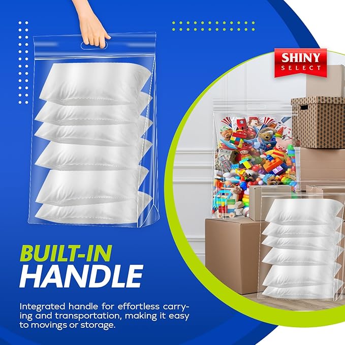 20 Gallon Jumbo Storage Bag with Handle, Resealable Zipper Top 24x32, 3 Bags - Clear Big Plastic, Extra Large XL, 4 Mil Thick Heavy Duty for Travel, Moving, Clothing, Bedding