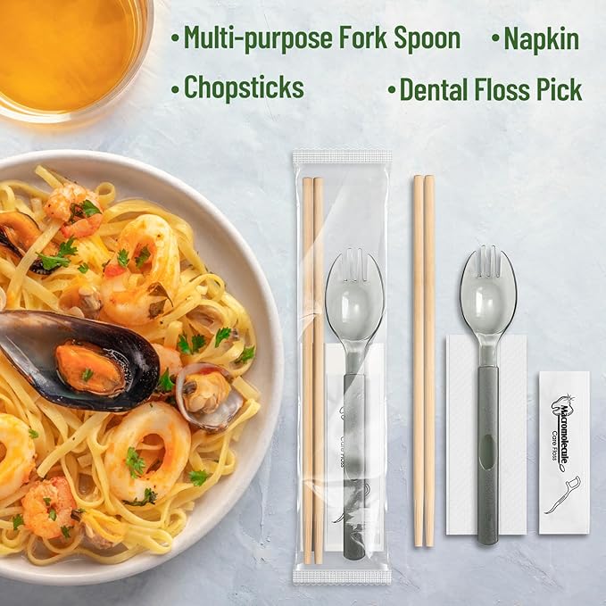 Tioncy 100 Packs Disposable Chopsticks Cutlery Set Bulk Cutlery Packets Include Sporks Napkins Floss Picks and Chopsticks Individually Wrapped Travel Cutlery Set for Party, Banquet, Wedding