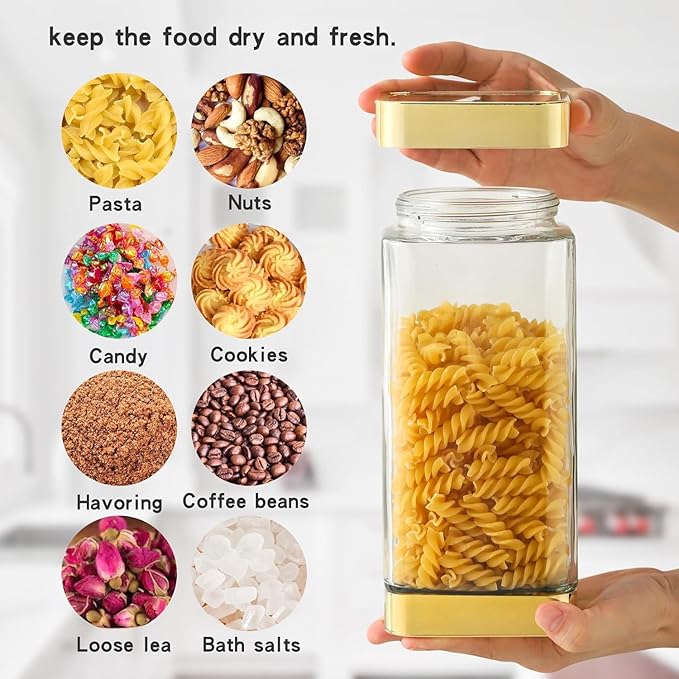 Glass Storage Jars-Large Kitchen Glass Canisters with Airtight Lids -Coffee Pasta Sugar Tea Snack Nuts Cookie Flour Food Container - Set of 3…