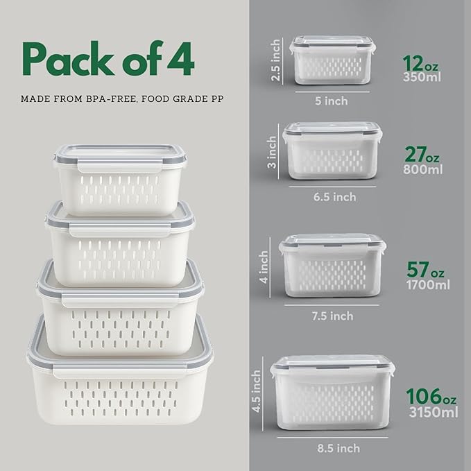 4 PCS Fruit Storage Containers for Fridge with Colanders Dishwasher Safe, Leakproof Fruit and Vegetable Storage BPA-Free Plastic, Produce Storage Keep Berry Fruit Veggie Meat Fresh