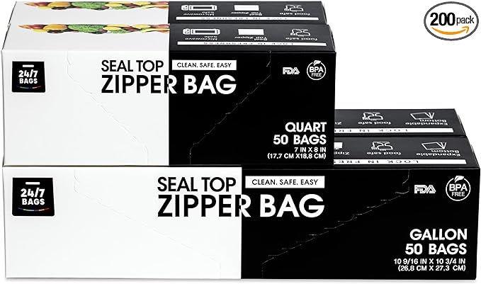 Gallon & Quart Food Storage Zip Bags Combo Pack, 100 Count Each, Total 200, Double Zipper, Easy Open