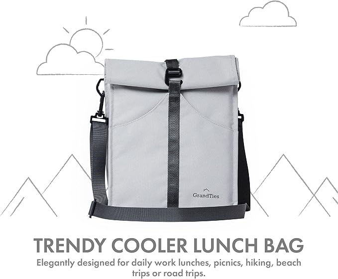 GRANDTIES Insulated Lunch Bag for Women, Men, Adults - Rolltop Leak Proof Meal Prep Lunch Box Containers, Reusable Snack Bags, Travel Cooler, Small Soft Cooler Bag, Fold Top Sandwich Bags, Grey