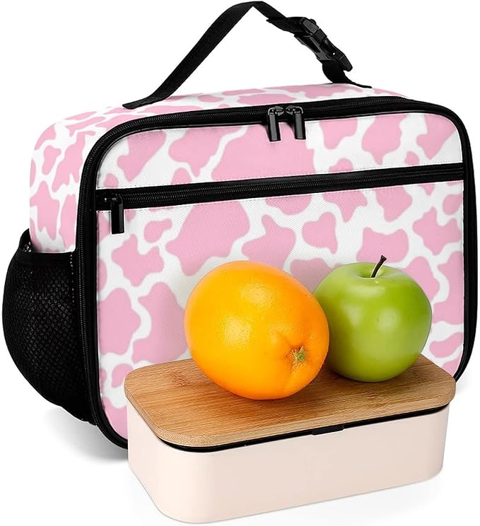 Pink Cow Print Reusable Lunch Box Insulated Lunch Bag Cooler Bag Lunchbox Meal Food Container Tote Bag for Women Kids Girls School Camping Hiking Picnic Beach Travel