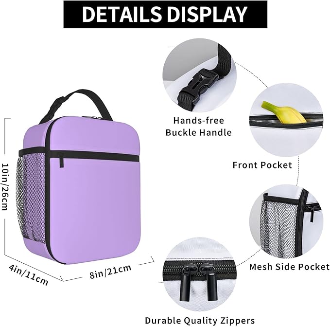Light Purple Lunch Bag for Kids Girls Women Washable Thremal Picnic Meal Box for School Office Beach Insulated Cooler Reusable Portable