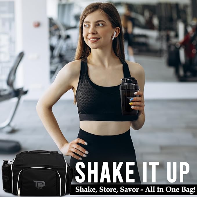 Meal Prep Bag Insulated Lunch Meals Bag W/6 Portion Control Containers,2 ICE PACKS, Shaker, Pill Box,With an Adjustable shoulder. bag for meals (Black)