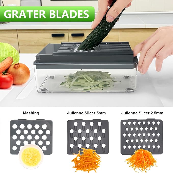 Vegetable Chopper, Onion Chopper Dicer, Mandoline Slicer, Food Chopper with Container, Vegetable Cutter for Salad Potato Carrot Garlic(9 Blades, Grey)