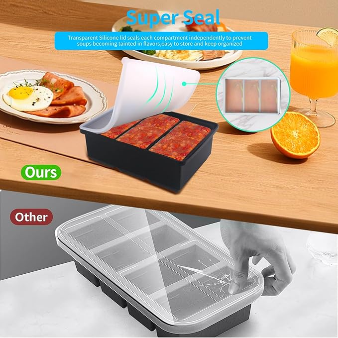 Silicone Freezer Tray with Lid - 1 Cup Silicone Food Freezer Tray - Large Ice Cube Freezer Molds - Soup, Sauce, leftovers, Homemade Meal Prep Freezing Kitchen Storage Containers - Multicolor - 8-Pack