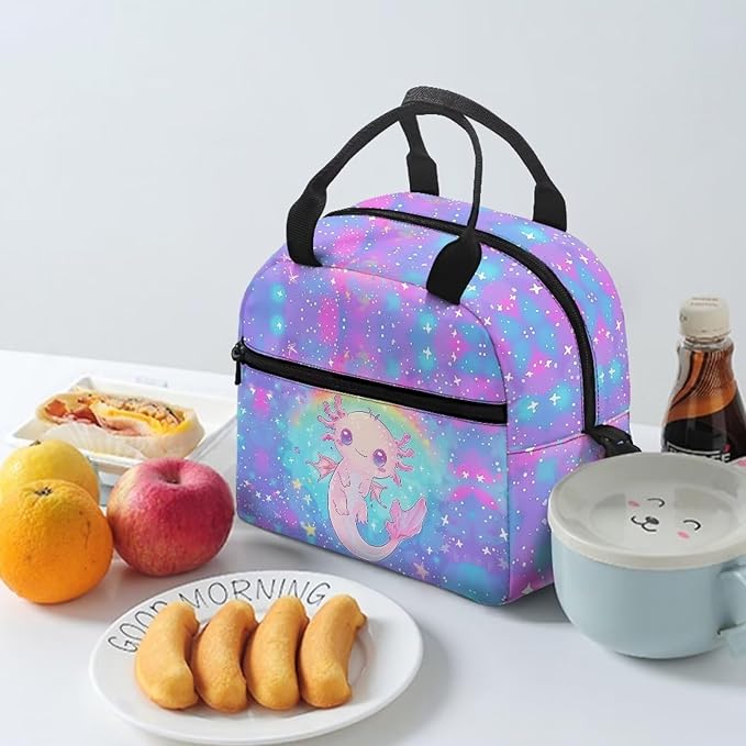 Showudesigns Rainbow Axolotl Lunch Bag for Women Galaxy Lunch Box Girls 6-8 8-10 10-12 Cooler Bag Reusable Lunch Tote Box With Front Pocket Thermal Meal Organizer Bento Box