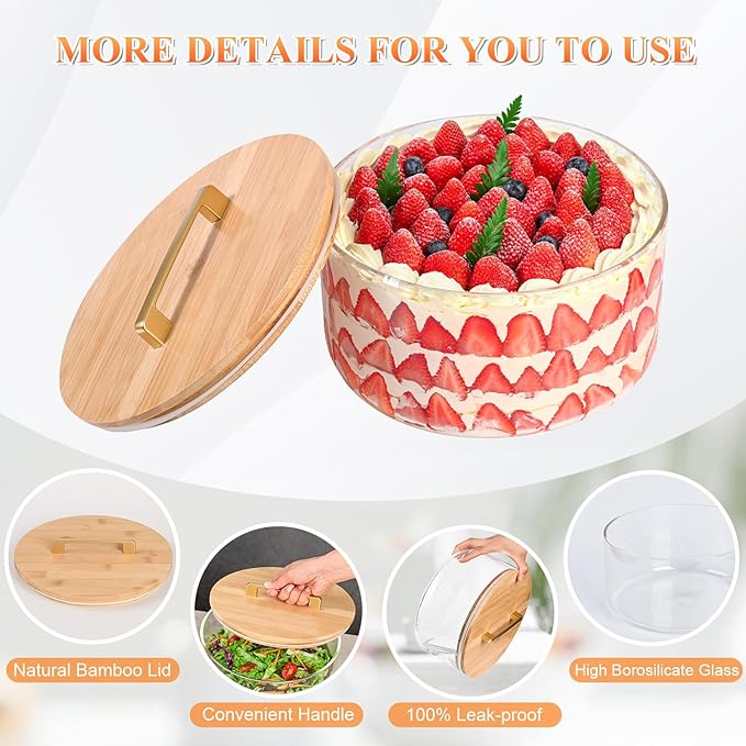 9 inch Large Salad and Trifle Bowl Glass with Lid, 155 oz Versatile Mixing and Serving Dish for Fruit, Laying Ice Cream, Cake, Cupcake, Baking, and Dessert, Microwave Safe