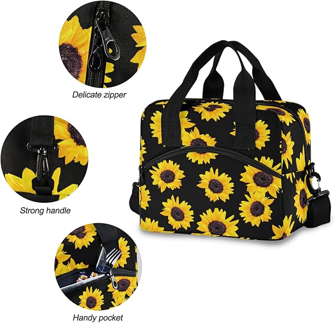 Sunflowers Insulated Lunch Bag Reusable Lunch Tote Bag Cooler Bag for Women Men Adult Lunch Box with Adjustable Shoulder Strap Leakproof Lunch Bag for Work School Picnic Camping