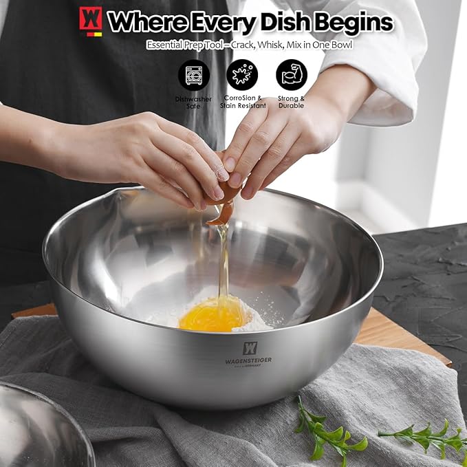 3-Piece Stainless Steel Mixing Bowl Set, Silver Color, Nesting Bowls with Pure Spout, Multipurpose Kitchen Basket, 1.56Quarts/3.17Quarts/4.23Quarts (No Color Added)