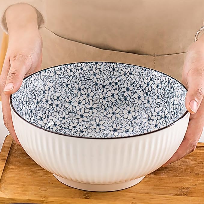 QINLANG 60 oz Large Soup Bowl, Pho Bowls, Japanese Ramen Bowls Set of 3, 8 in Blue and White Porcelain Big Bowls for Eating - 3 Mixing Patterns