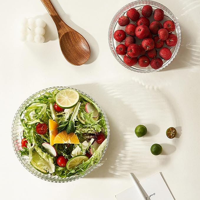 Ribbed Glass Salad Bowl with Wooden Stand – Large Mixing Bowl for Serving Salad, Fruits, Pasta & Desserts – Elegant Glass Serving Bowl with Natural Bamboo Holder – Modern Kitchen & Dining Tableware