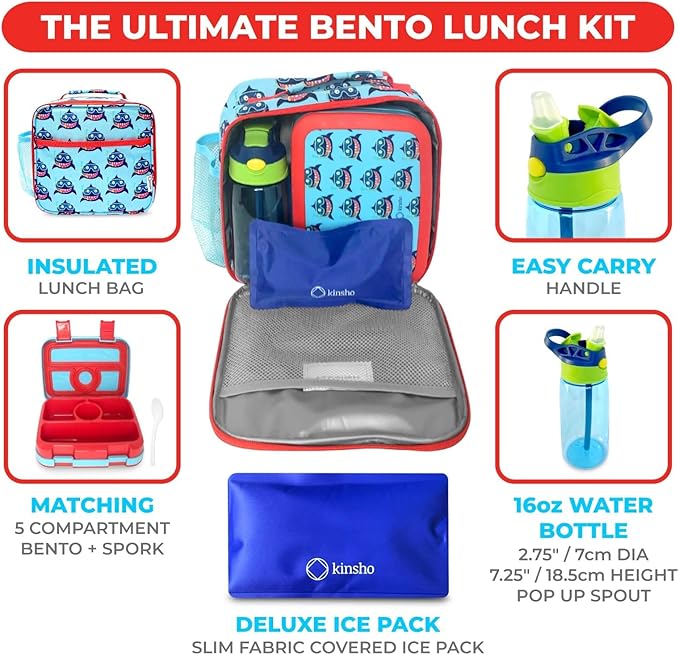 kinsho Bento Lunch Box Insulated Bag, Water Bottle & Ice Pack Set for Kids Toddlers, 4 Portion Sections, Removable Tray, PreSchool Kid Toddler Daycare Lunches, Snack Container, Blue Shark