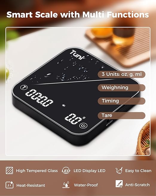 Tuni S1-BP Mini Coffee Scale with Timer, Rechargeable Digital Espresso Scale with Auto Timing, 0.1g/2kg Accurate Scale for Espresso and Pour-Over Coffee