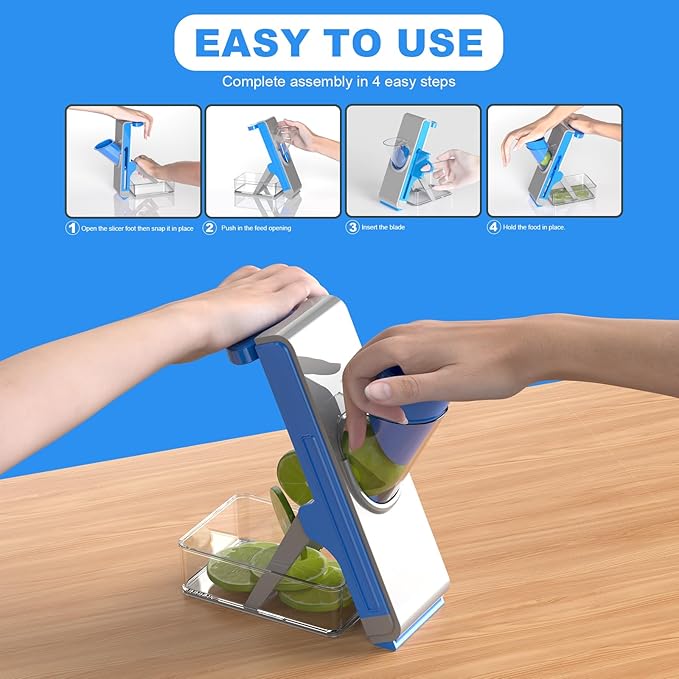 Mandoline Slicer for Kitchen - Vegetable Food Chopper, Cucumber Slicer, Detachable Easy to Clean Kitchen Chopping Artifact (Gray-Dark Blue)