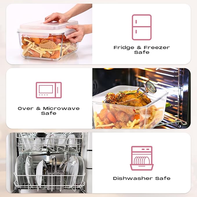 2 Pcs 6500 ML/ 220 oz/ 28 Cup Large Glass Food Storage Containers with Airtight Locking Lid Ideal Storing Food Vegetables Fruits Baking Casserole Lasagna Roasting Turkey, Transparent