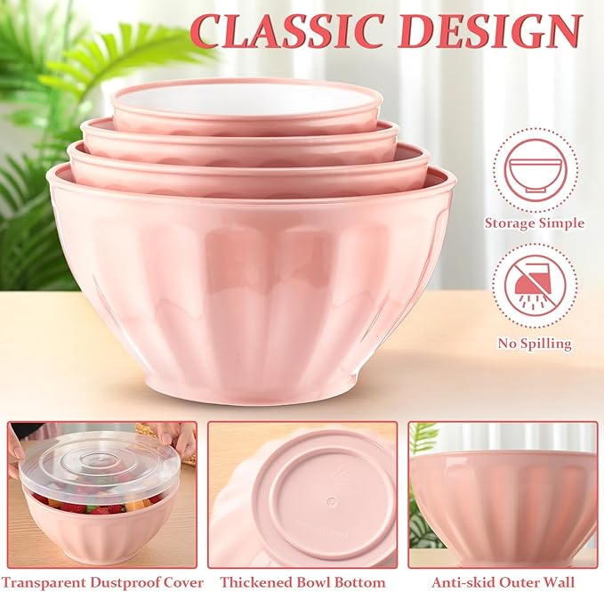 4 Pcs Mixing Bowls with Lids Plastic Nesting Bowls Set with Stainless Steel Colander 8 Pcs Measuring Cups and Spoons Set and Foldable Kitchen Funnel for Kitchen Cooking Accessories (Pink)