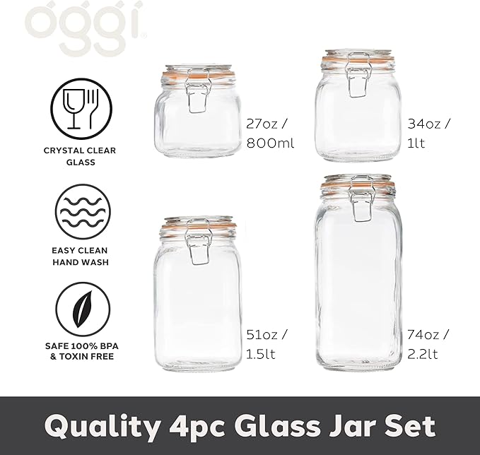 OGGI 4 Piece Airtight Glass Storage Containers Set - Includes 4 Glass Kitchen Canisters with Clamp Lids & Silicone Seals - Farmhouse Kitchen Décor, Kitchen Storage, Pantry Storage, Food Storage